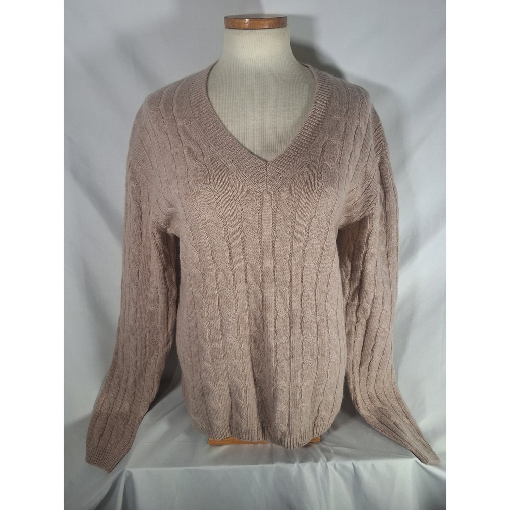 Luxurious 100% Cashmere‎ Cable Knit V Neck Sweater Women's Size M Taupe